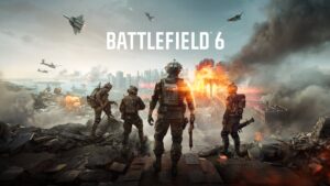 Soldater står beredda vid en förstörd stadssiluett i Battlefield 6 – med flygplan och explosioner i bakgrunden.