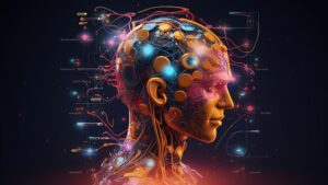 Illustration av en människoliknande profil med färgstarka neurala kretsar, implantat och digitala kopplingar som symboliserar hjärnimplantat och neuroteknik.