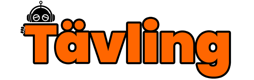 Stor orange text ”Tävling” med Techsajtens robotmaskot och en stor knapp ”Till tävlingen”.