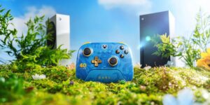 Specialutgåva av 8BitDo Ultimate 3-mode Controller med Sea of Thieves och Banjo-Kazooie-tema
