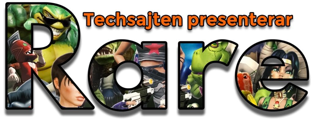 Collage med figurer och omslag från klassiska Rare-spel – rubriken “Techsajten presenterar Rare”.
