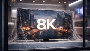 8K-TV i skyltfönster med spindelnät – symbol för formatets uteblivna genomslag