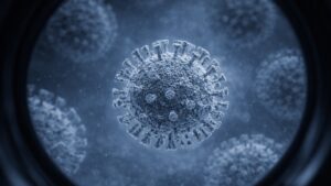 Mikroskopbild av viruspartikel i laboratoriemiljö som illustrerar AI-driven biologisk forskning