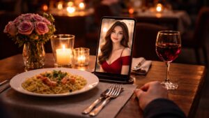 Mobiltelefon uppställd på restaurangbord visar en AI-partner under romantisk middag med vin och levande ljus.