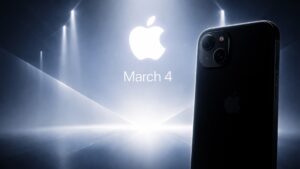 Apple-logga och siluett av en iPhone mot mörk bakgrund som illustrerar kommande Apple-event den 4 mars.