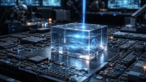 Genomskinlig glasblock i futuristiskt laboratorium där en laser skriver digital data inuti glaset.