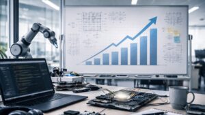 Startup-kontor med whiteboard där en graf pekar kraftigt uppåt, symboliserar AI-bolagets snabba värdeökning och investeringar i chipdesign.