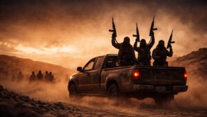 Beväpnade silhuetter på en pickup i ökenmiljö vid solnedgång, illustrerar digitalisering av extremistpropaganda.