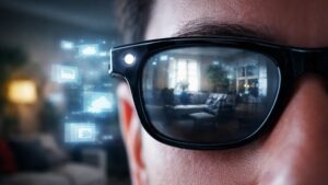 Person bär Metas smarta Ray-Ban-glasögon med inbyggd kamera och AI-funktioner