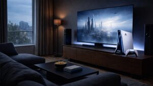 Konceptbild av PlayStation 6 i ett modernt vardagsrum, med konsolen placerad under en TV.