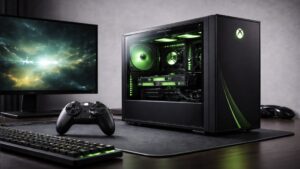 Gaming-PC med Xbox-logga och handkontroll som symboliserar nästa generations Xbox.