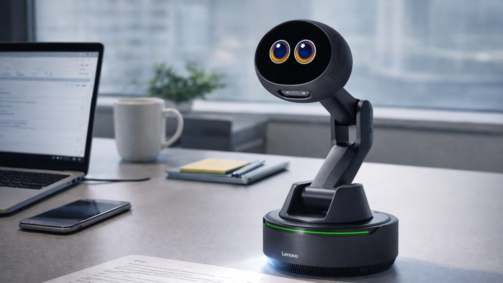 Lenovo AI Workmate Concept på ett kontorsskrivbord med rund skärm och robotarm