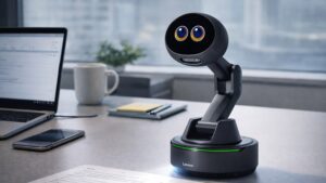 Lenovo AI Workmate Concept på ett kontorsskrivbord med rund skärm och robotarm