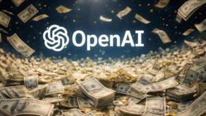 OpenAI-logotyp omgiven av dollarbuntar som symboliserar rekordstor finansiering