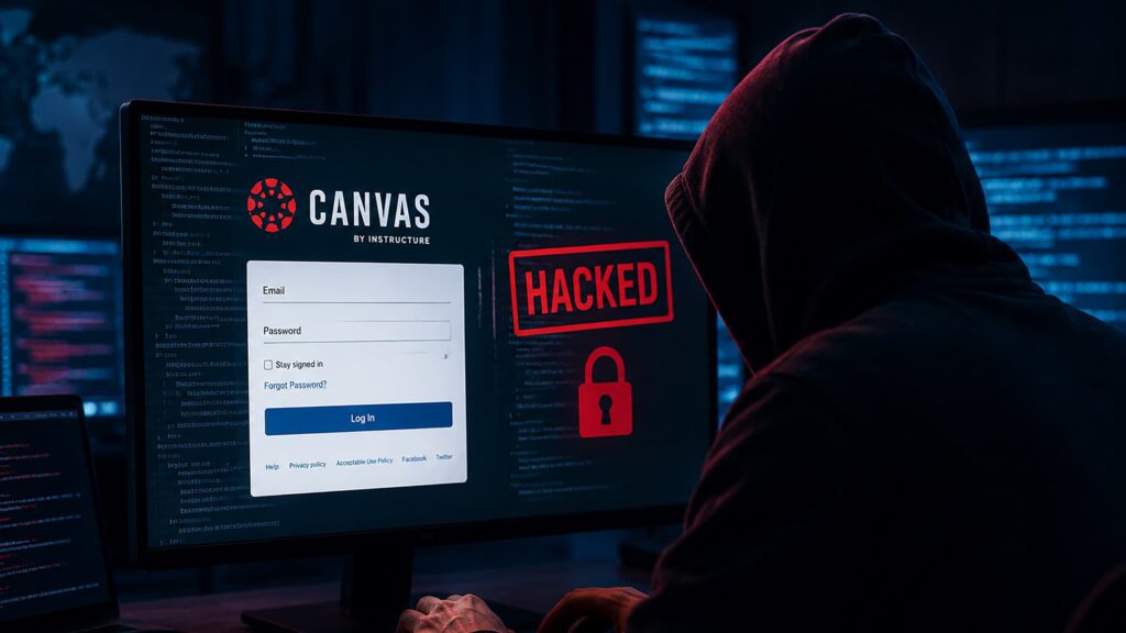 Hacker framför datorskärm där Canvas visas