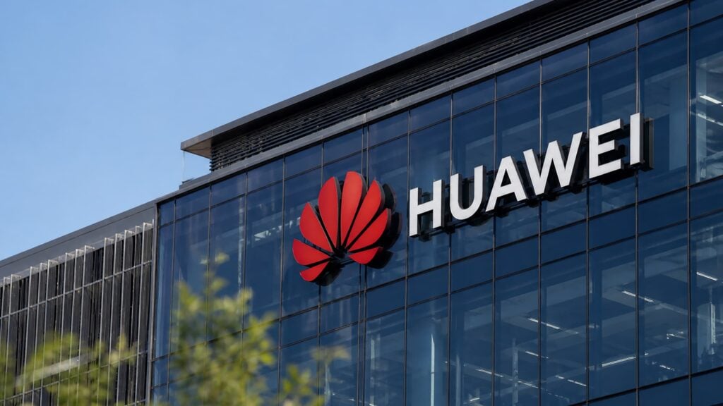 Huawei-logotyp på modern kontorsbyggnad