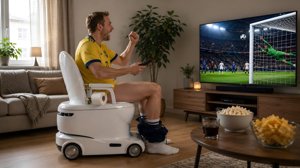 Man sitter på en självkörande toalett och tittar på fotboll i vardagsrummet.