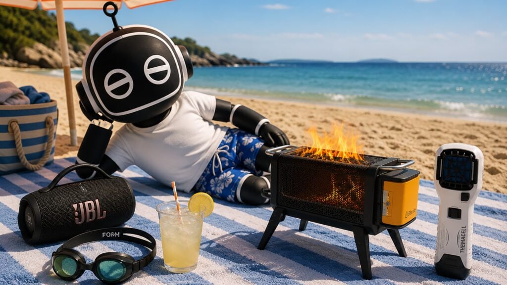 Techsas på stranden med JBL-högtalare, BioLite FirePit+, Thermacell MR300 och digitala simglasögon