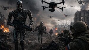 Robotliknande soldater och beväpnade drönare avancerar mot ryska soldater på en mörk krigshärjad front.