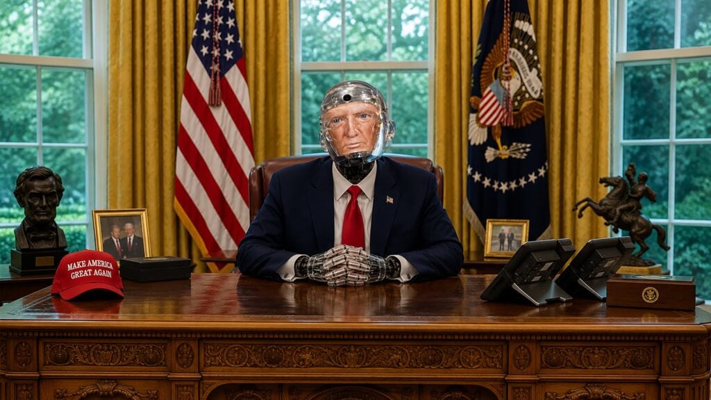Humanoiden Robert the Robot med Donald Trumps ansikte sitter bakom skrivbordet i Vita huset.