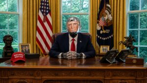 Humanoiden Robert the Robot med Donald Trumps ansikte sitter bakom skrivbordet i Vita huset.