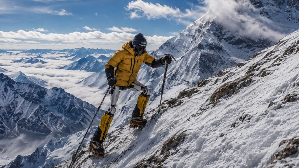 Humanoida roboten Pemba klättrar på de övre sluttningarna av Mount Everest i en AI-genererad illustration baserad på Unitree G1.