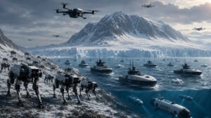 Autonoma drönare, robotbåtar och robotar på väg mot Grönlands kust i ett futuristiskt arktiskt landskap.