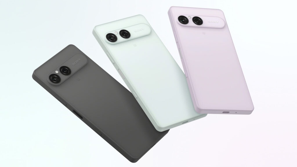 Sony Xperia 10 VIII i färgerna Frozen White, Frosted Grey och Misty Lilac.