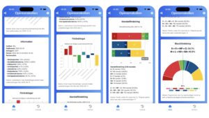 Skärmbild från Opinionskollen som visar svenska opinionsmätningar och partiernas stöd i en mobilapp.