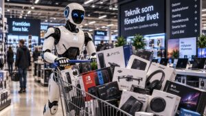 Humanoid AI-robot storhandlar teknik med en fullproppad kundvagn i ett varuhus