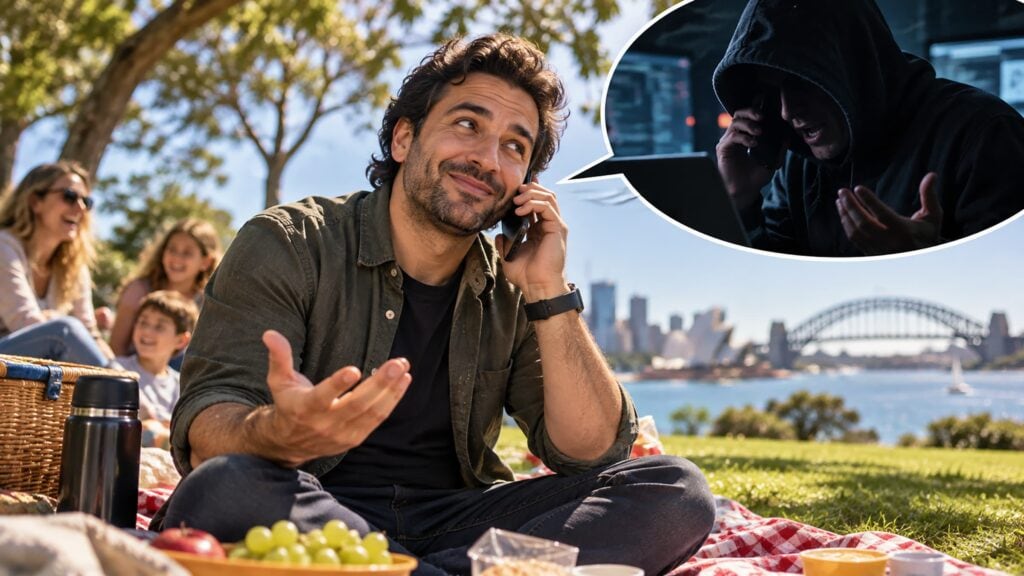 Dali Kaafar pratar med en telefonbedragare under en picknick i Sydney – illustration
