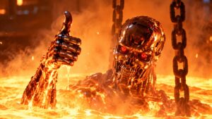 Humanoid robot gör tummen upp medan den sjunker ner i smält metall
